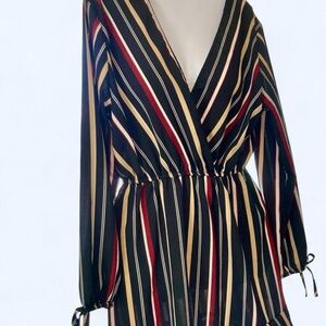Black & Multicolor striped long sleeve wrap dress w Ruffle Bottom Vutti L